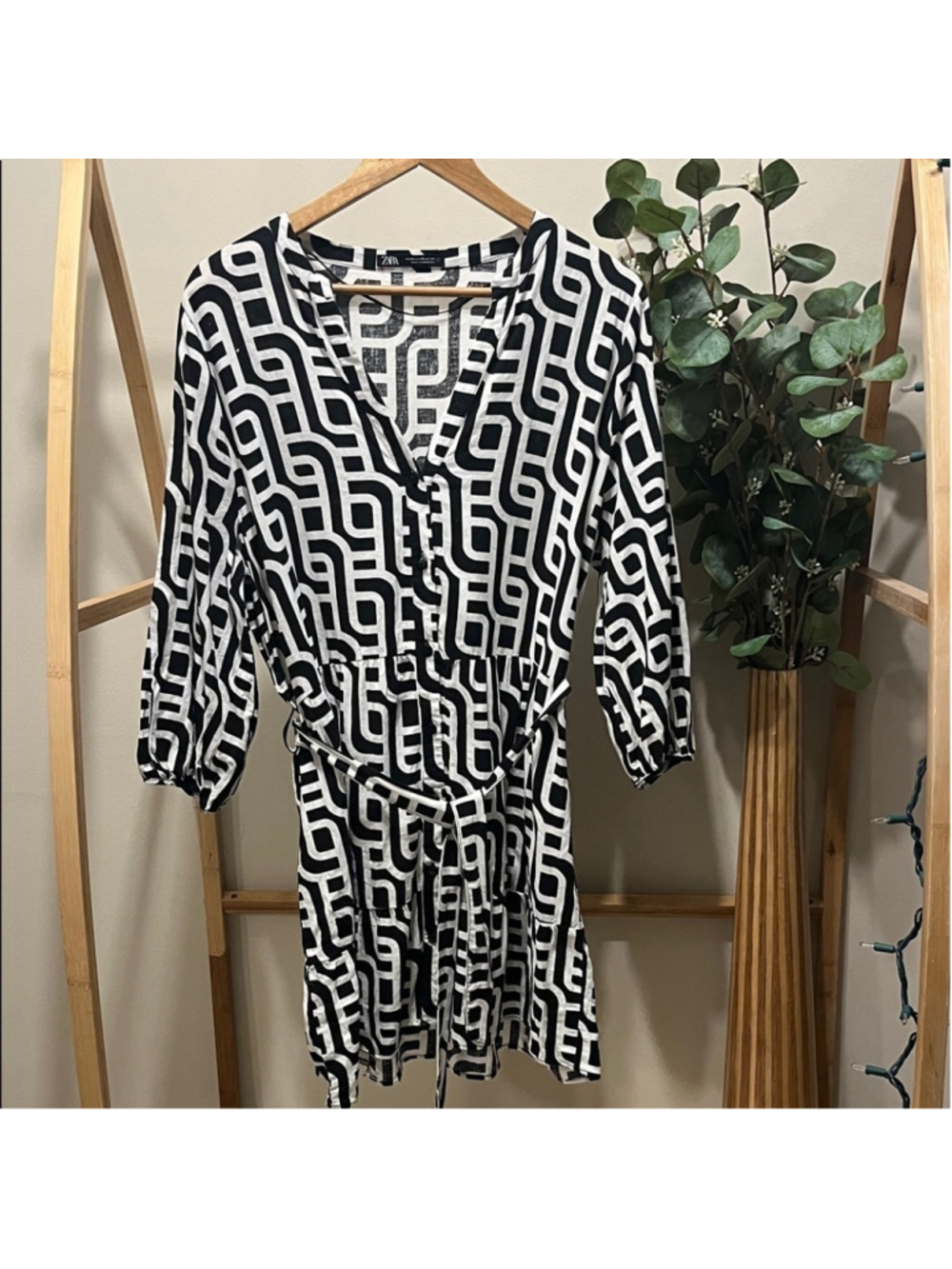 Zara Geographic Black White 3/4 Sleeves Belted Dress a160